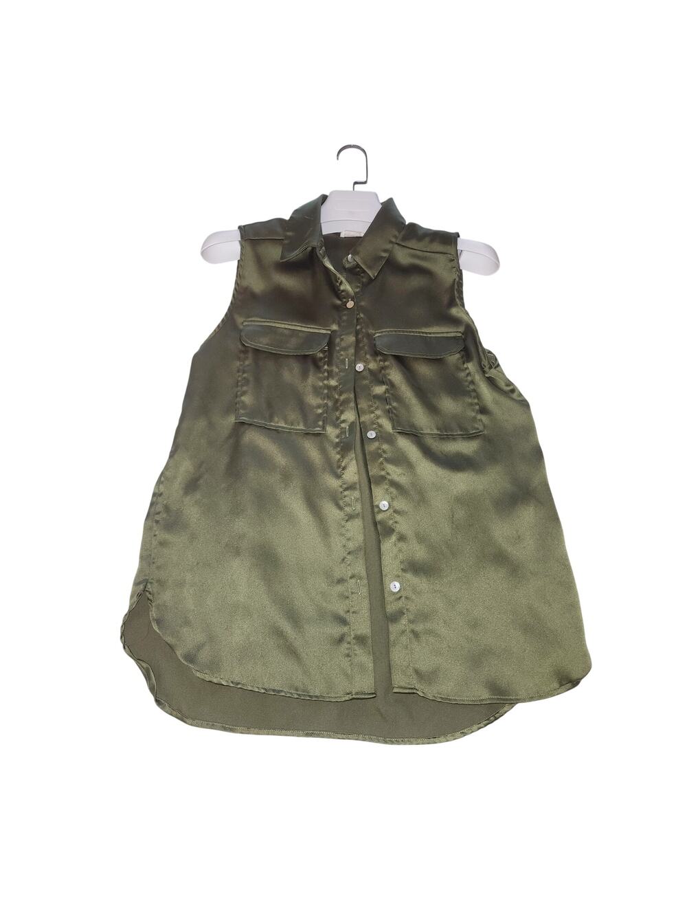Nicole Miller Olive Satin Sleeveless Button Shirt M